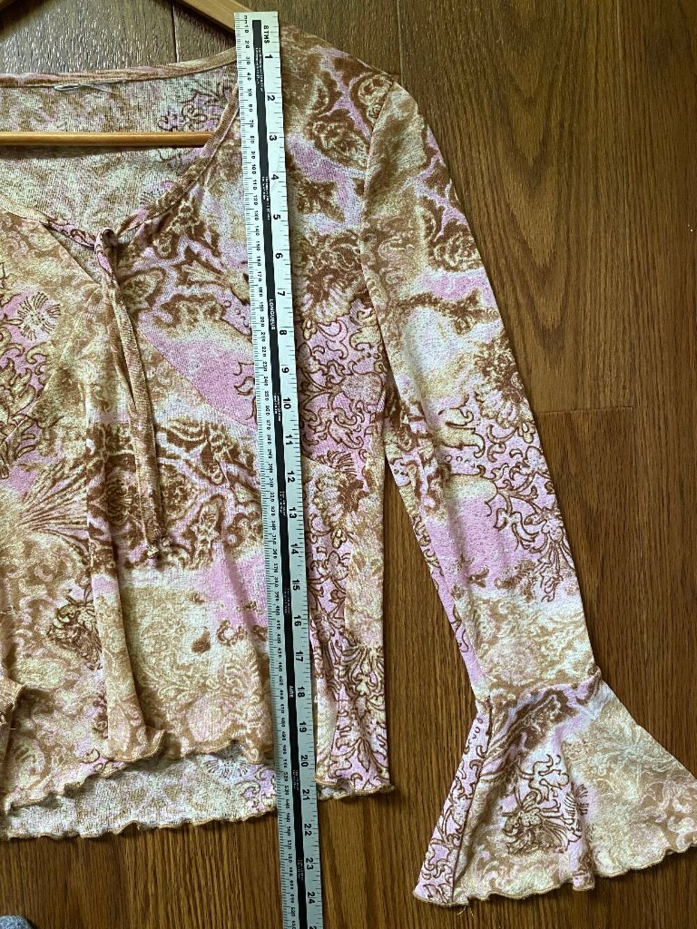 Vintage Y2K Pink Brown Paisley Bell Sleeve Lettuce Hem Top - XS - Picture 3 of 11